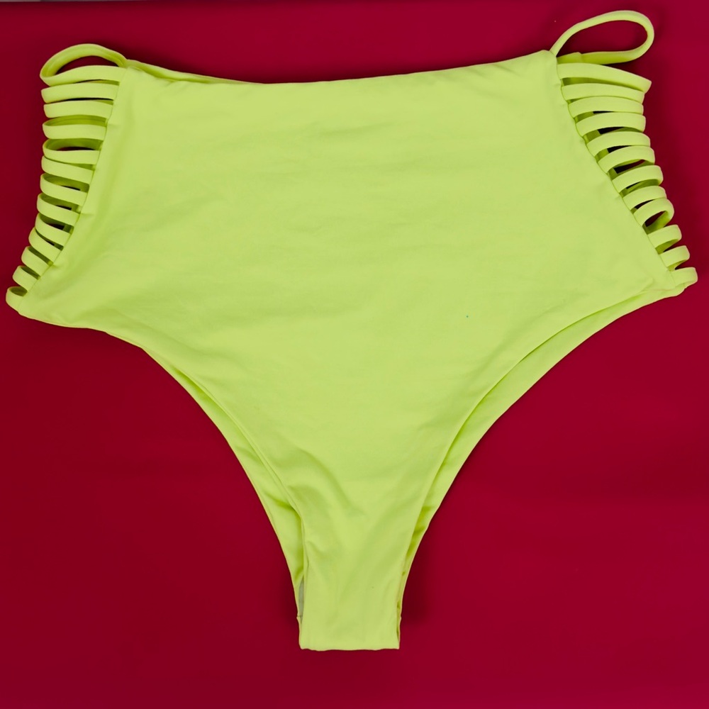L*Space Neon Yellow Mojito Harrington Bitsy Cut High Waist Bikini Bottom Medium